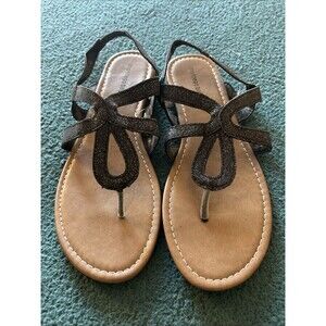 Montego Bay Black Glittery Sandals, Woman Size 7 1/2, flat slip on, elastic back